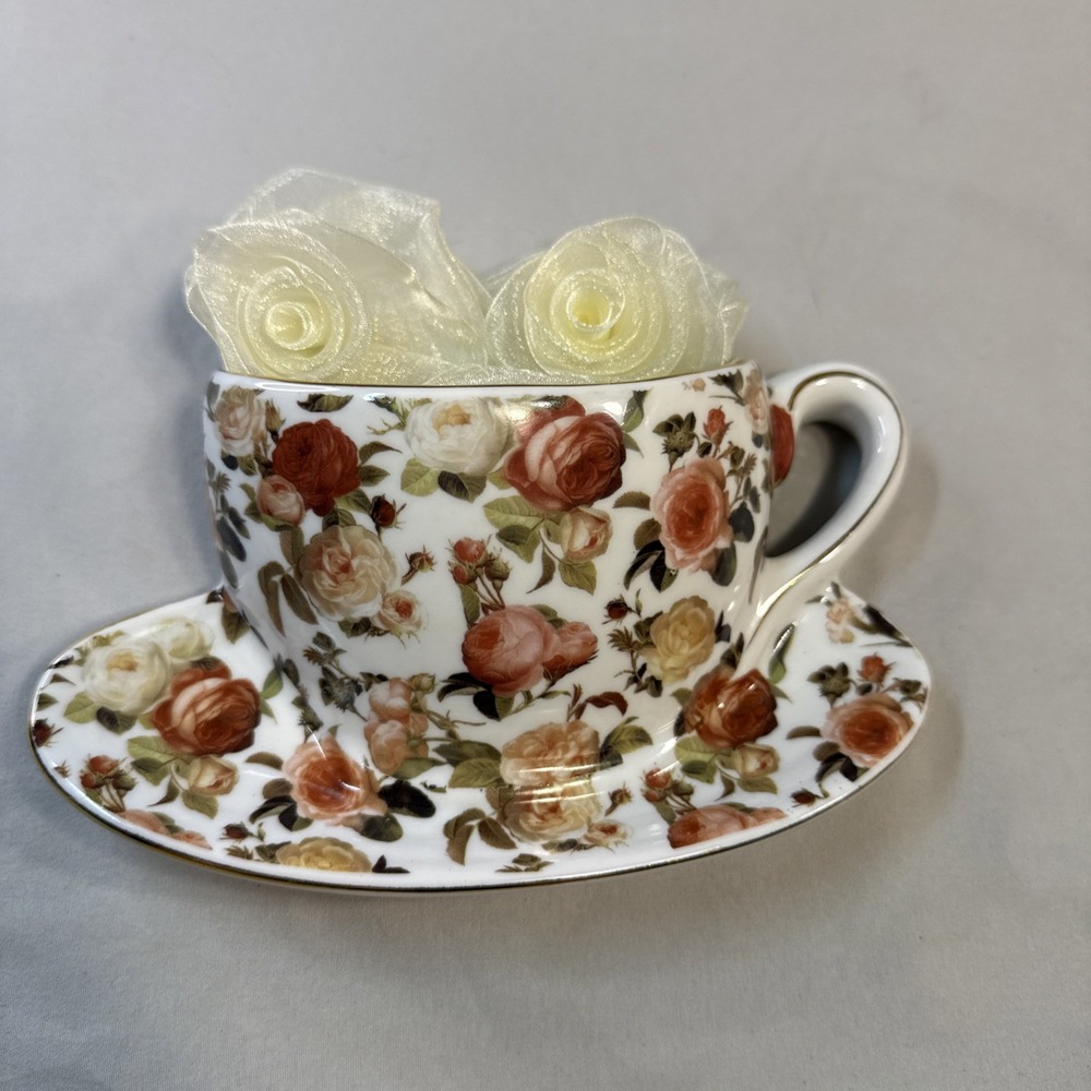 2004 A Special Place Rose Chintz Porcelain Cup Saucer Wall Hanging Planter Vase